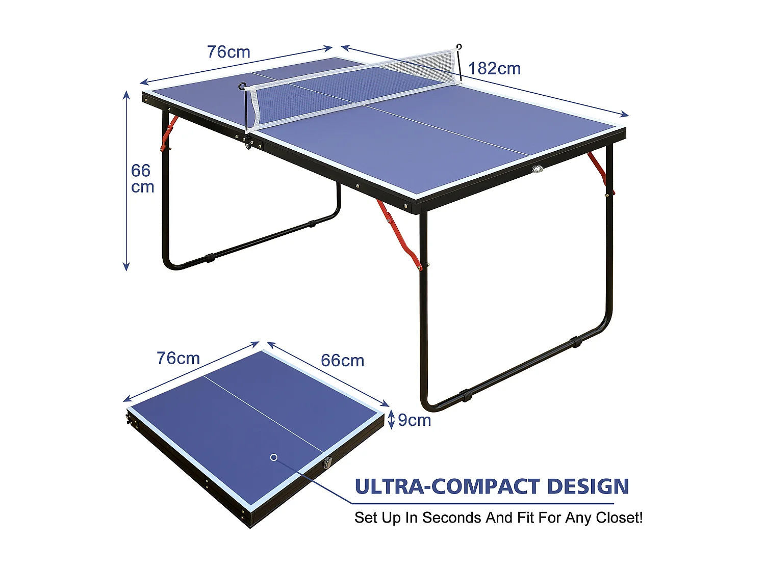 Table de ping-pong pliante portable, surface MDF antidérapante, bleu, avec filet, 2 raquettes et 3 balles (137.2x76.2x66cm)