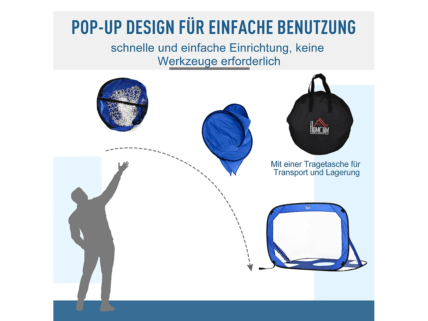 But de football Pop-Up, 2 pièces, portable et pliable, avec sac de transport, bleu (123x80x80 cm)