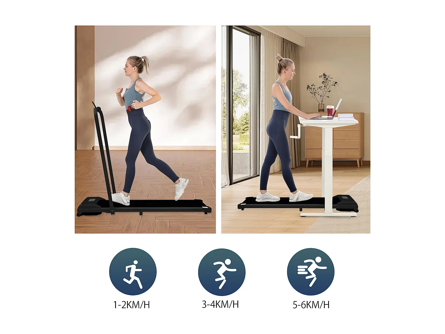 Tapis course pliable 2-en-1 maison/bureau, 1-6 km/h, LED, Bluetooth, support téléphone, métal noir (130x58x13cm)