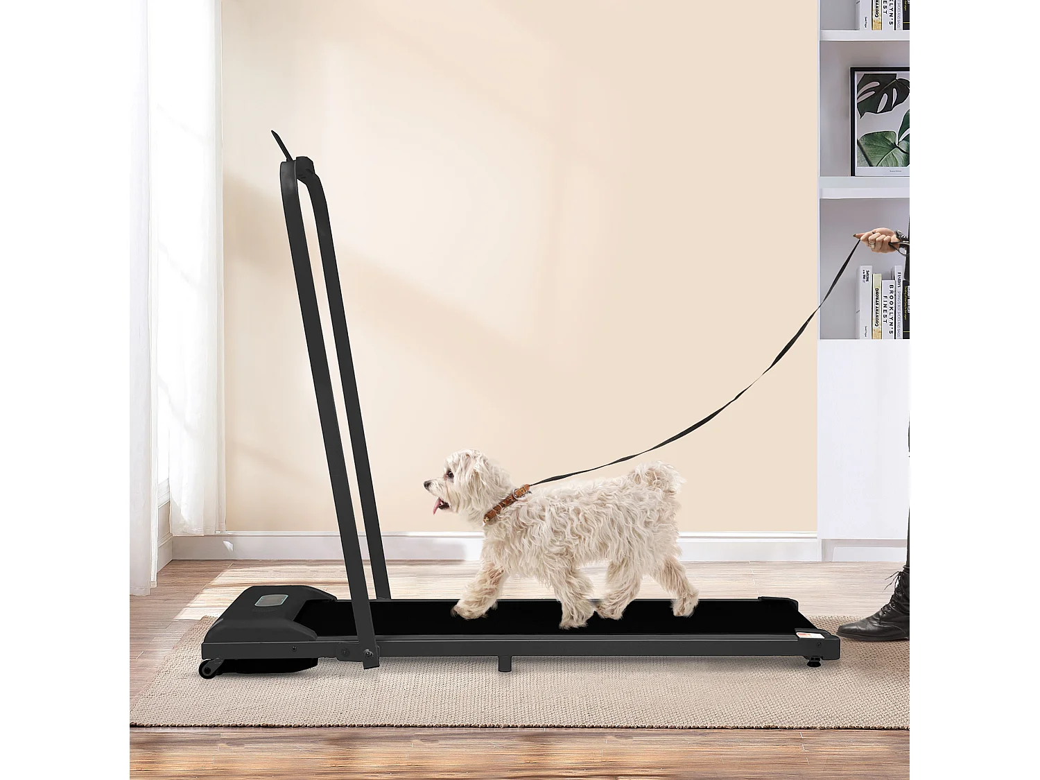 Tapis course pliable 2-en-1 maison/bureau, 1-6 km/h, LED, Bluetooth, support téléphone, métal noir (130x58x13cm)