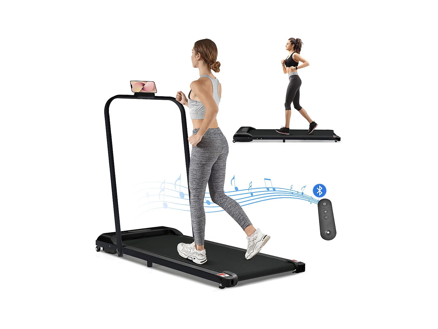 Cinta de correr plegable 2 en 1 para casa/oficina, 1-6 km/h, LED, Bluetooth, soporte para teléfono, metal negro (130 x 58 x 13 cm)