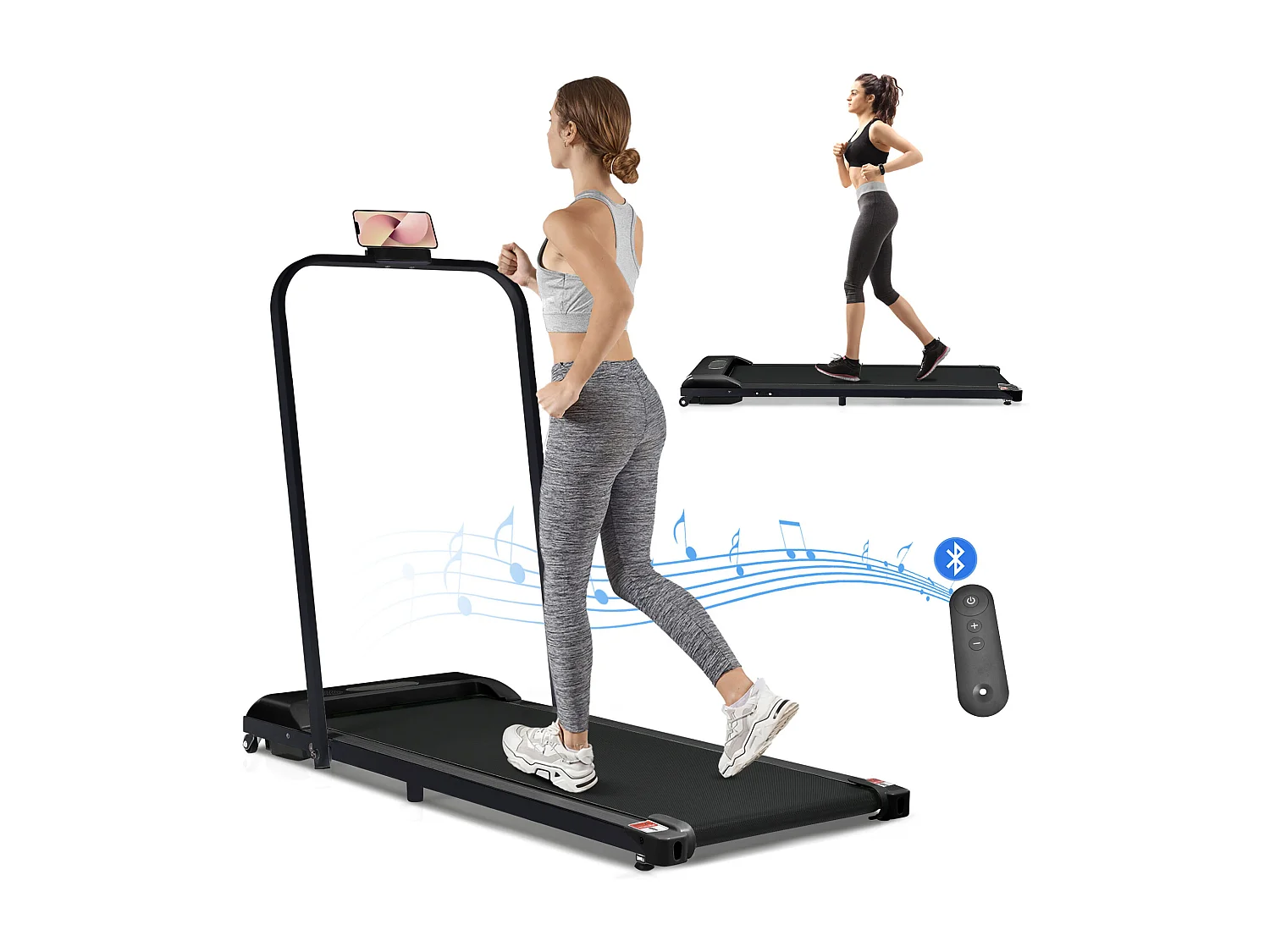 Tapis course pliable 2-en-1 maison/bureau, 1-6 km/h, LED, Bluetooth, support téléphone, métal noir (130x58x13cm)