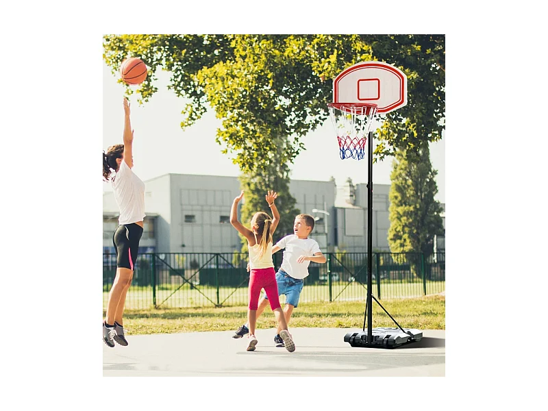 Panier de basket extérieur réglable et portable, métal, noir et blanc, avec roues et base remplissable (75.5x71x250 cm)