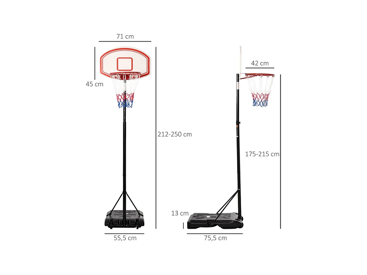 Panier de basket extérieur réglable et portable, métal, noir et blanc, avec roues et base remplissable (75.5x71x250 cm)