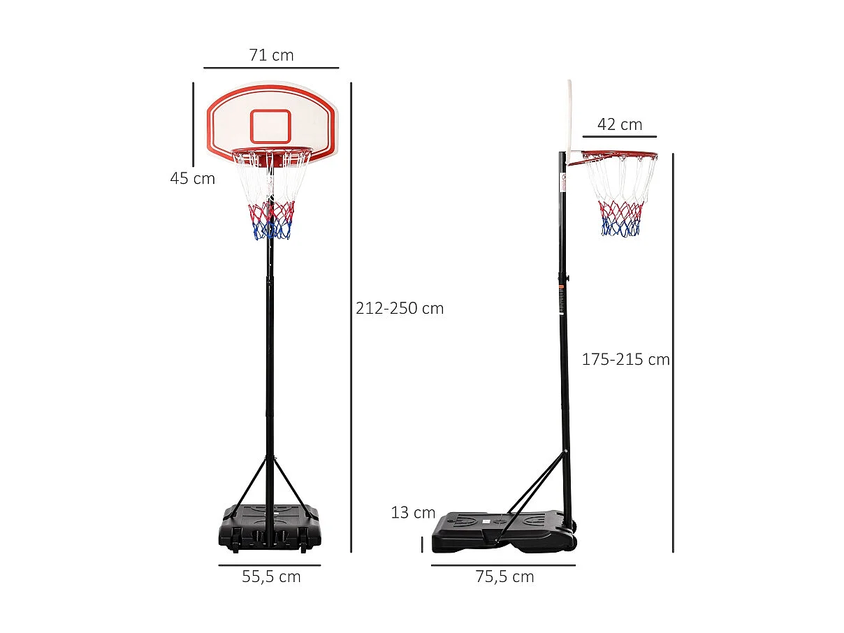 Panier de basket extérieur réglable et portable, métal, noir et blanc, avec roues et base remplissable (75.5x71x250 cm)