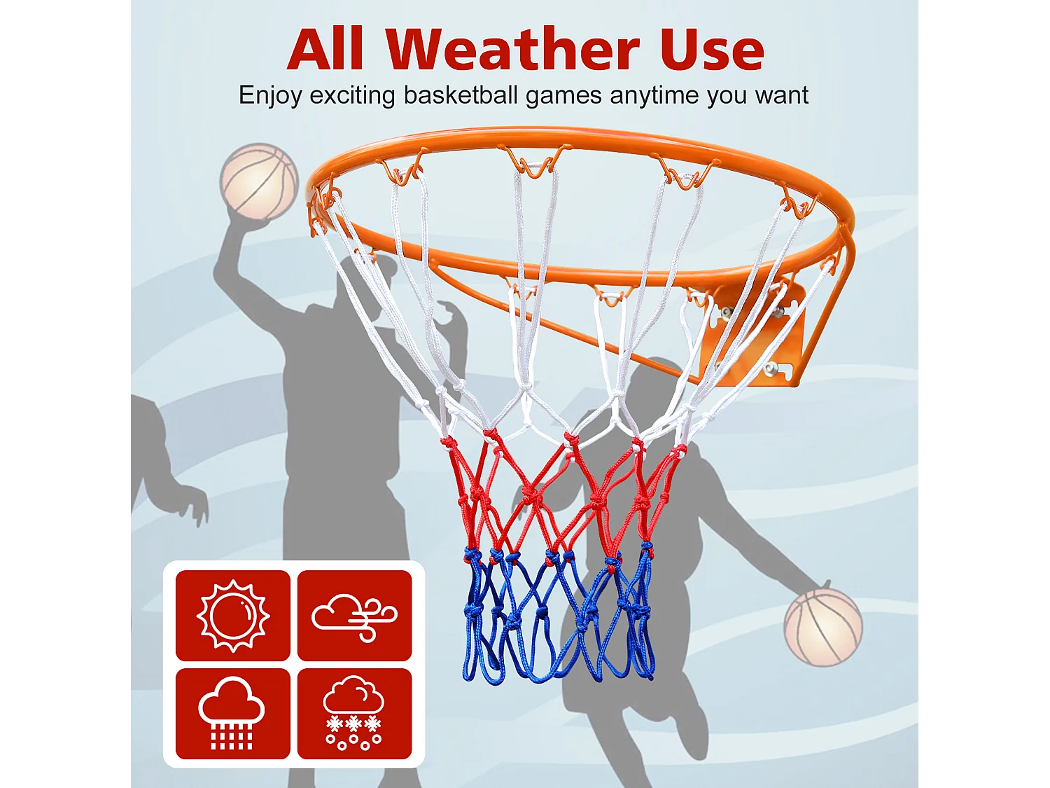 Panier de basket remplacement robuste, montage mural/porte, acier, orange avec filet (58x50x10 cm)