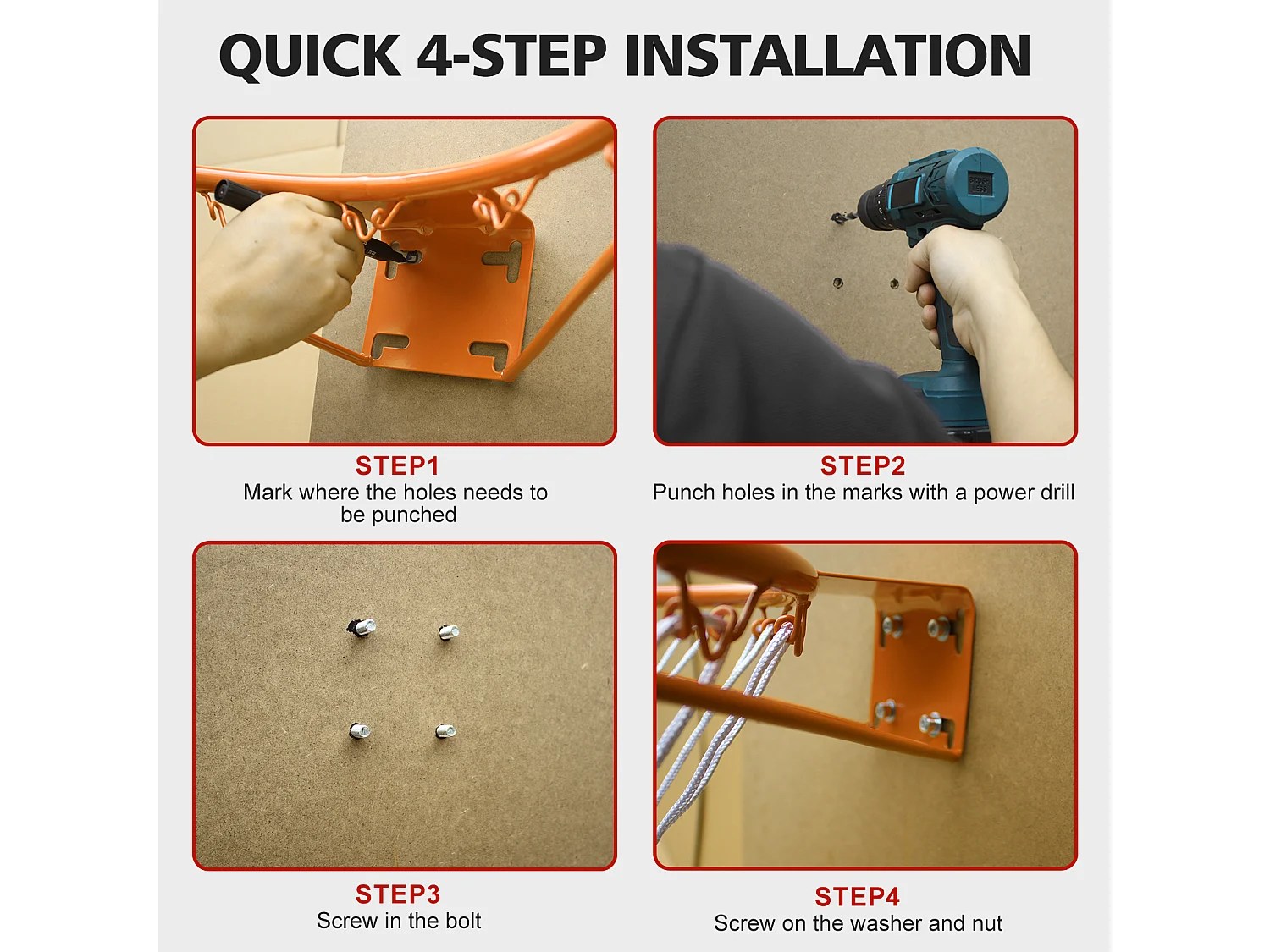 Panier de basket remplacement robuste, montage mural/porte, acier, orange avec filet (58x50x10 cm)