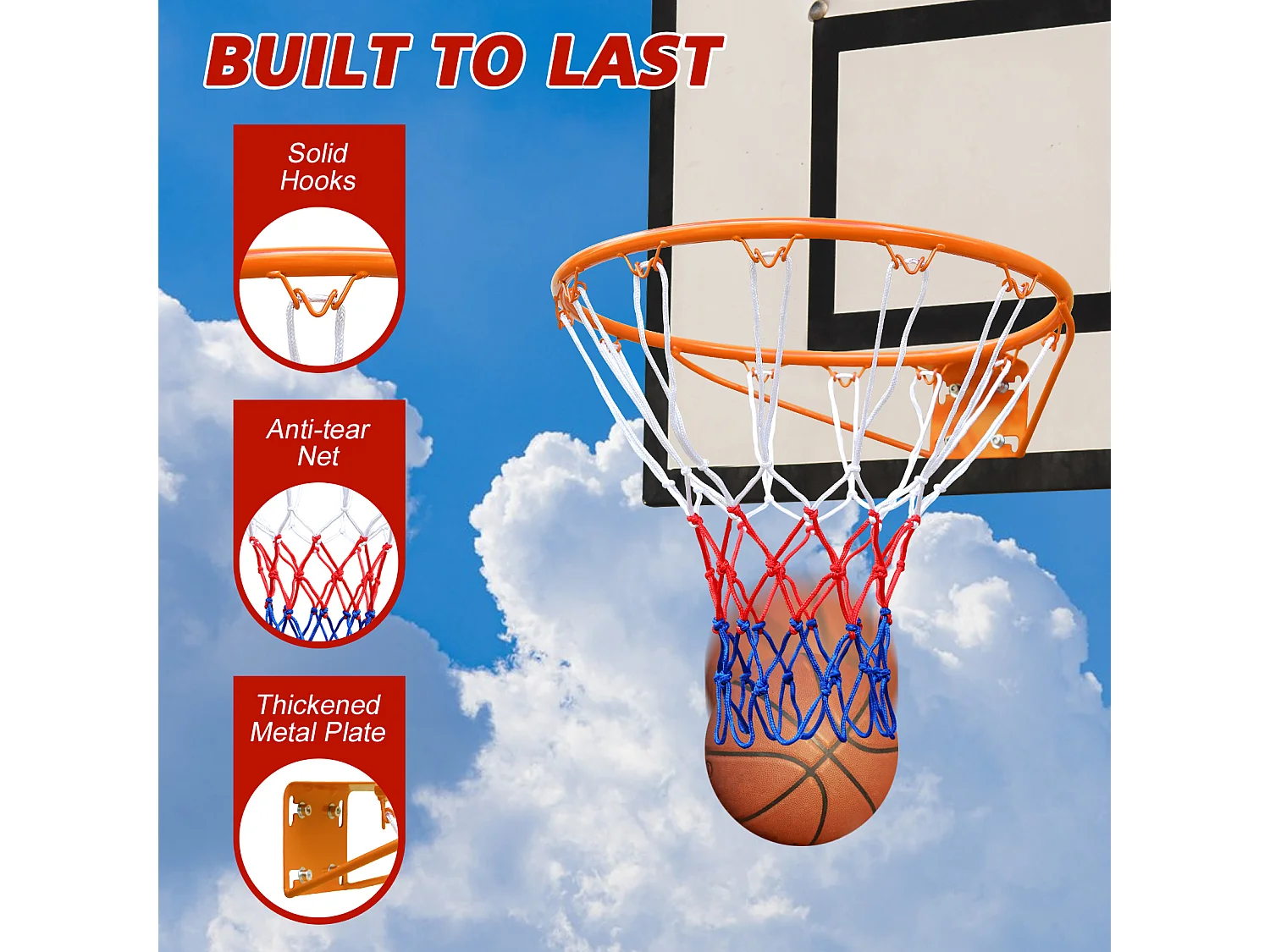 Panier de basket remplacement robuste, montage mural/porte, acier, orange avec filet (58x50x10 cm)