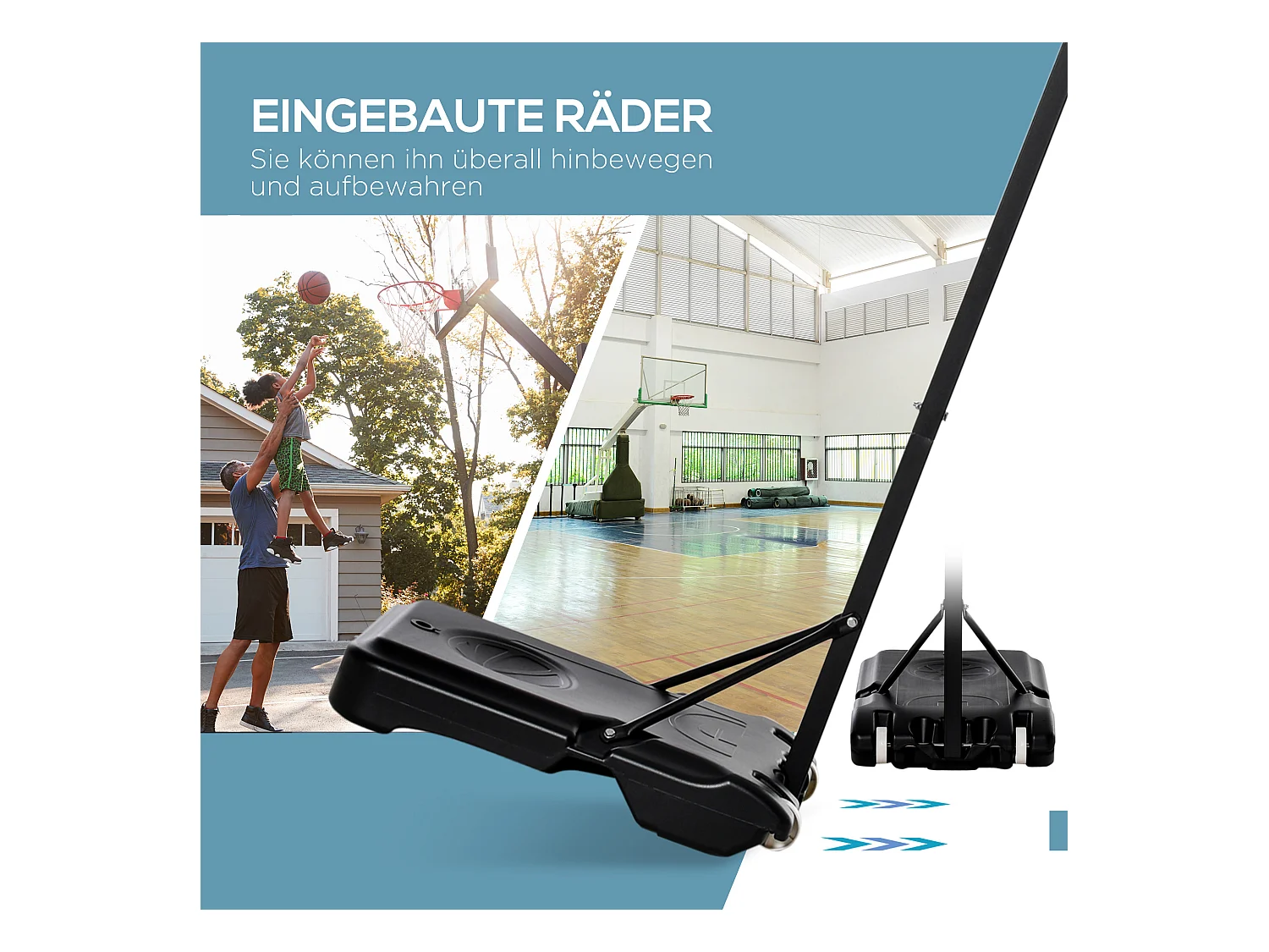 Panier de basket ajustable pour enfants, avec roulettes et base remplissable d'eau, acier et PE, noir (73x49x194 cm)