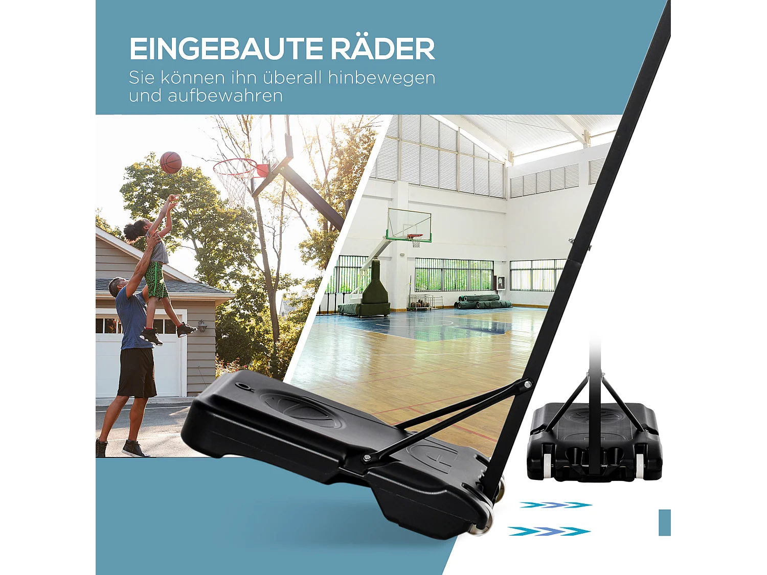 Panier de basket ajustable pour enfants, avec roulettes et base remplissable d'eau, acier et PE, noir (73x49x194 cm)