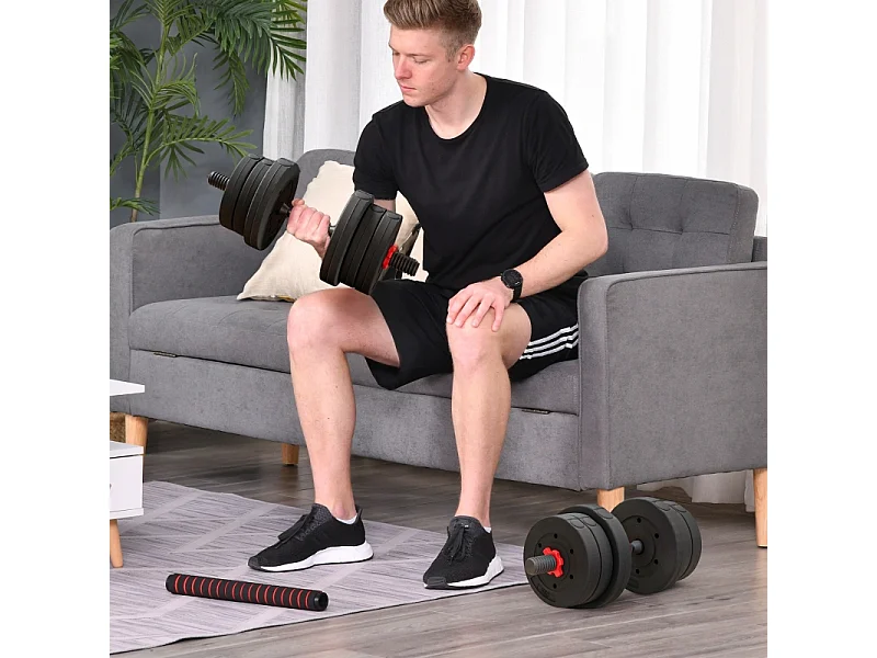 Haltères réglables 2 en 1, 20 kg, barre courte et longue, plastique, noir (45x20x20 cm)