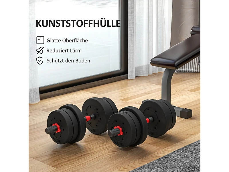 Haltères réglables 2 en 1, 20 kg, barre courte et longue, plastique, noir (45x20x20 cm)