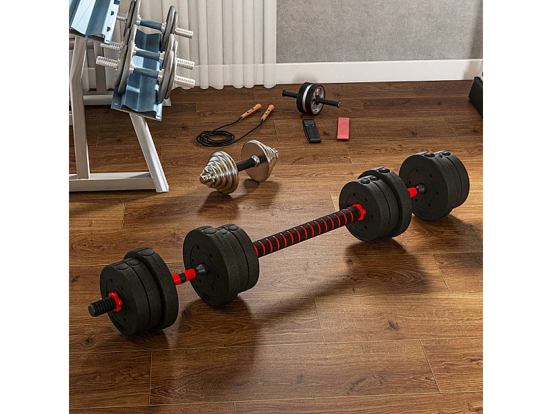 Haltères réglables 2 en 1, 20 kg, barre courte et longue, plastique, noir (45x20x20 cm)