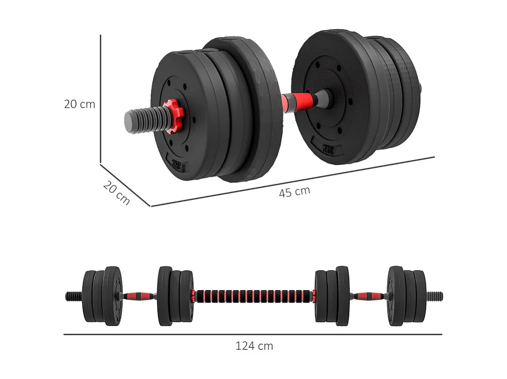 Haltères réglables 2 en 1, 20 kg, barre courte et longue, plastique, noir (45x20x20 cm)