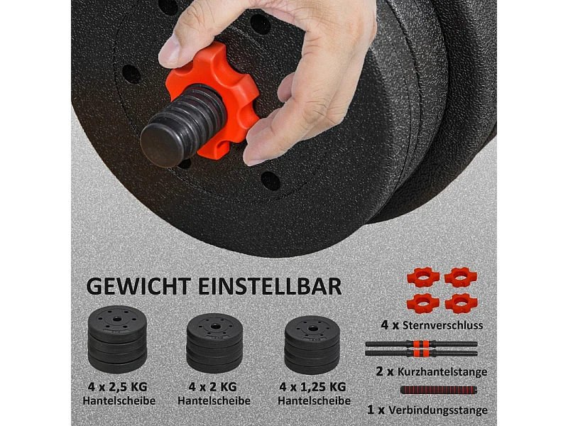 Haltères réglables 2 en 1, 20 kg, barre courte et longue, plastique, noir (45x20x20 cm)