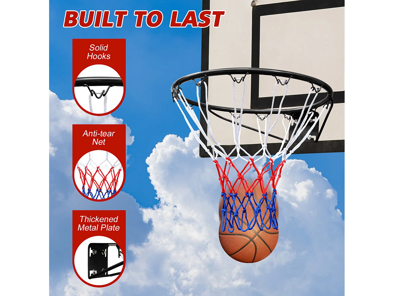 Panier de basket remplacement robuste, montage mural ou porte, fer et nylon, noir (60x52x12 cm)