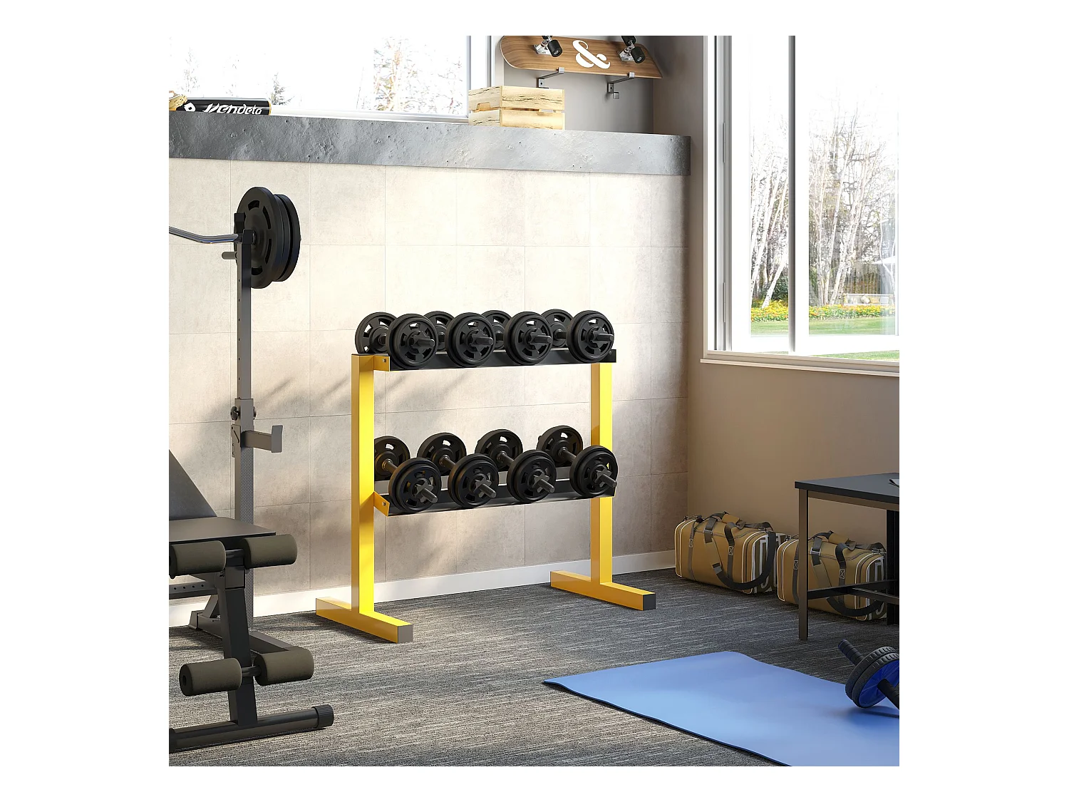 Support haltères 2 niveaux, acier, jaune (92.5x50.5x80.5cm)