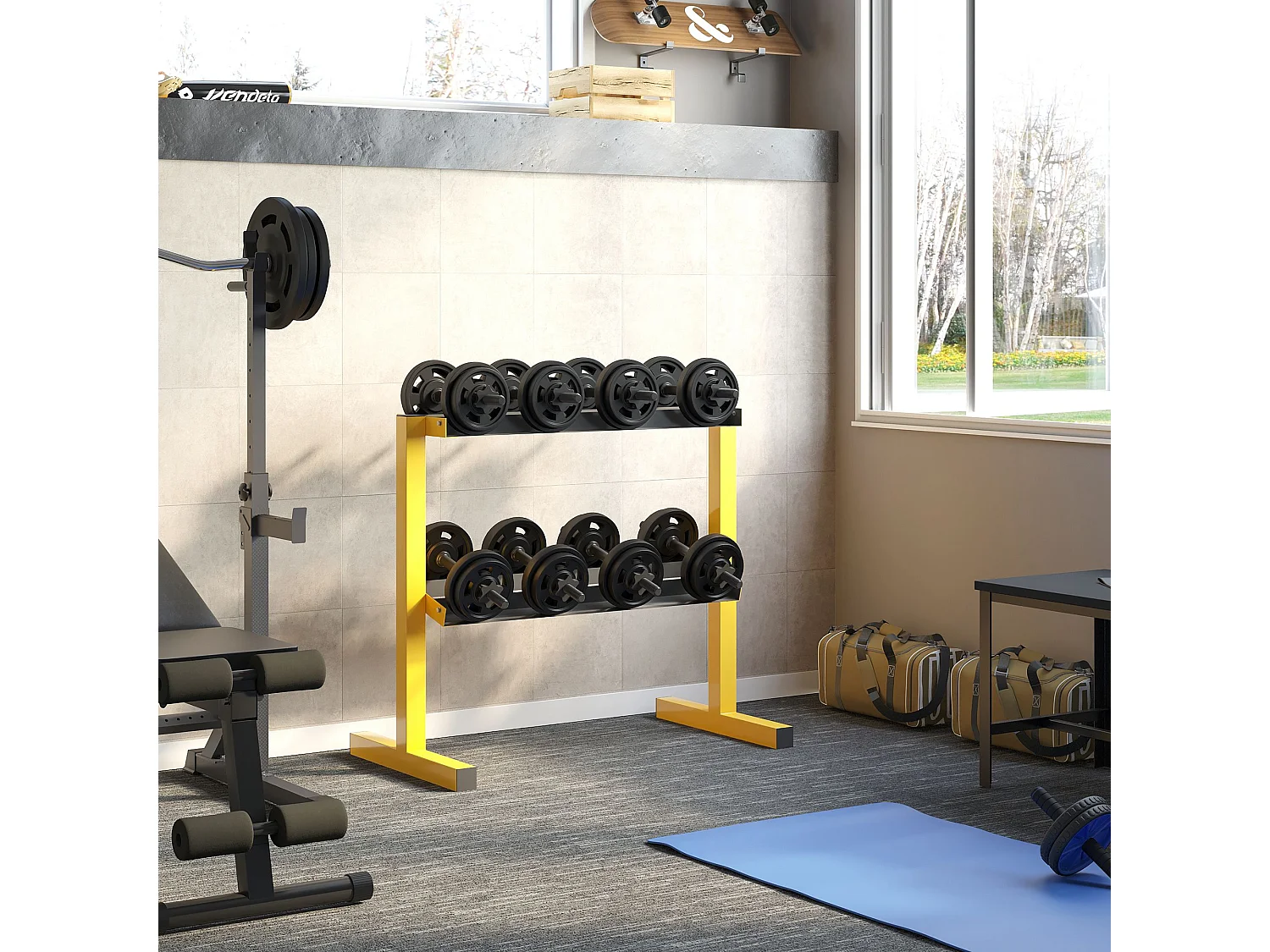 Support haltères 2 niveaux, acier, jaune (92.5x50.5x80.5cm)