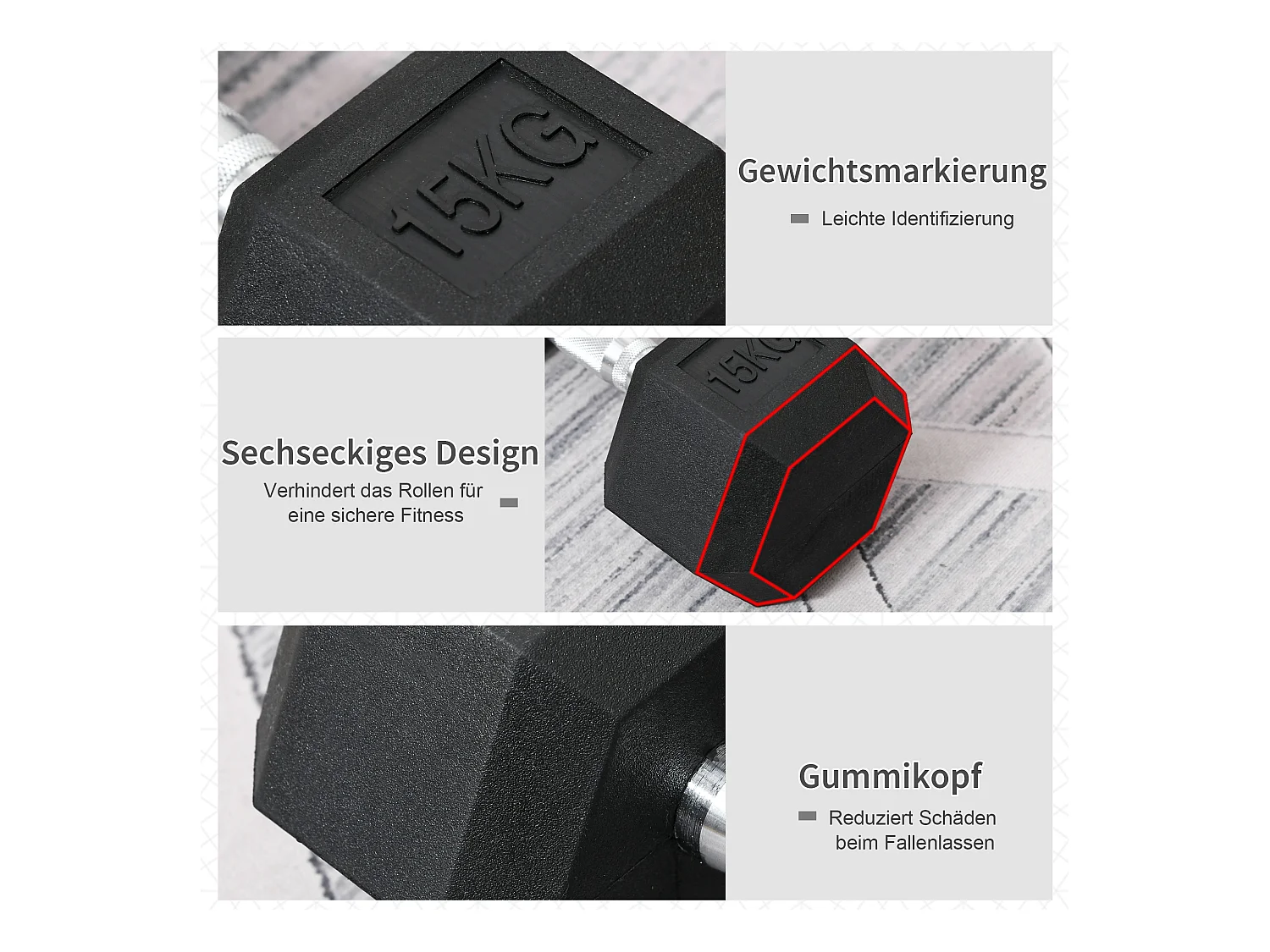 Haltère Hexagonale 15 kg, Métal et Caoutchouc, Noir (15.5x15.5x33.6 cm)