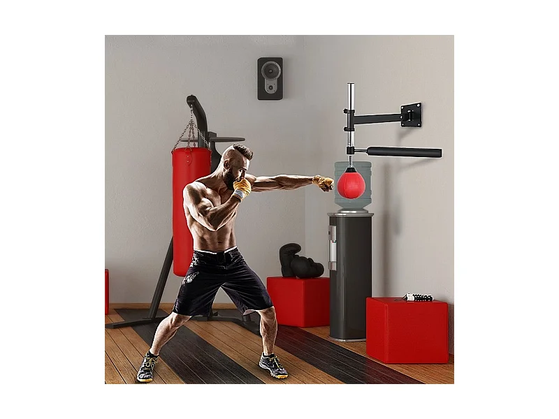 Support mural de boxe réglable avec barre pivotante 360°, similicuir, rouge (79x72x20 cm)
