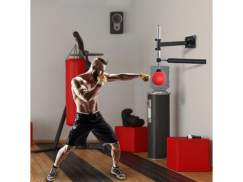 Support mural de boxe réglable avec barre pivotante 360°, similicuir, rouge (79x72x20 cm)