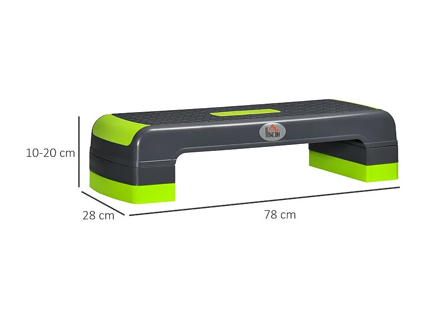 Stepper d'aérobic réglable en 3 hauteurs, plastique résistant, gris/vert, jusqu'à 150 kg (78x28x20 cm)