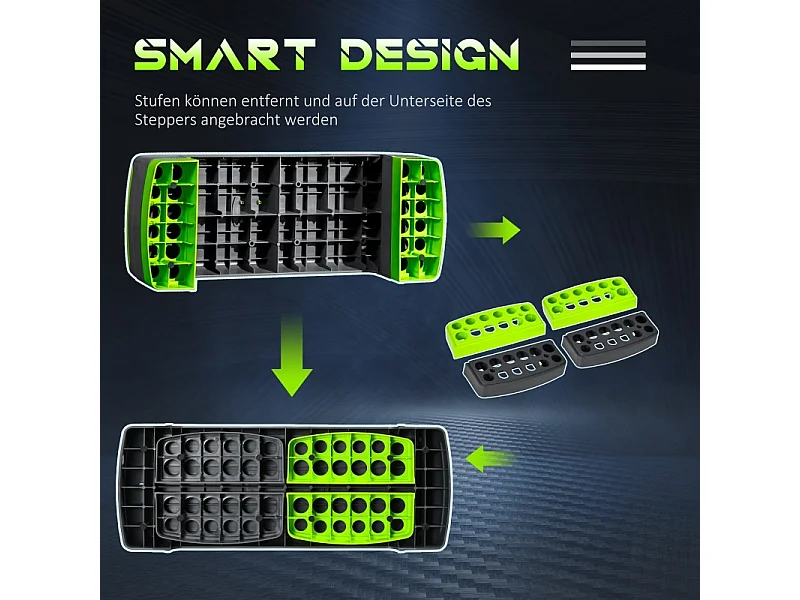 Stepper d'aérobic réglable en 3 hauteurs, plastique résistant, gris/vert, jusqu'à 150 kg (78x28x20 cm)
