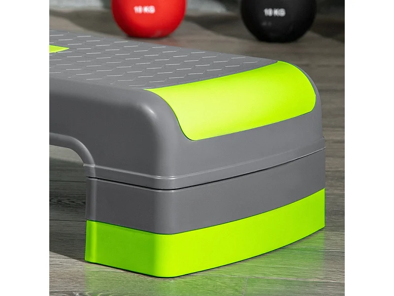 Stepper d'aérobic réglable en 3 hauteurs, plastique résistant, gris/vert, jusqu'à 150 kg (78x28x20 cm)