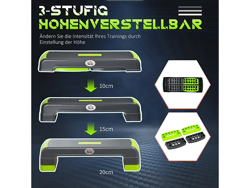 Stepper d'aérobic réglable en 3 hauteurs, plastique résistant, gris/vert, jusqu'à 150 kg (78x28x20 cm)
