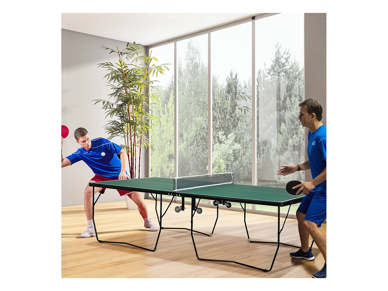 Table de ping-pong pliable intérieur/extérieur, MDF, vert, avec roulettes et accessoires (274x152.5x76 cm)