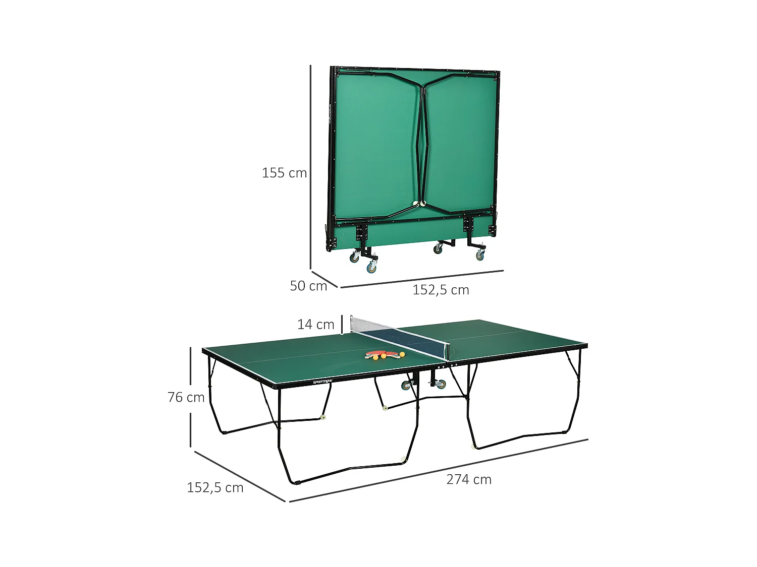 Table de ping-pong pliable intérieur/extérieur, MDF, vert, avec roulettes et accessoires (274x152.5x76 cm)