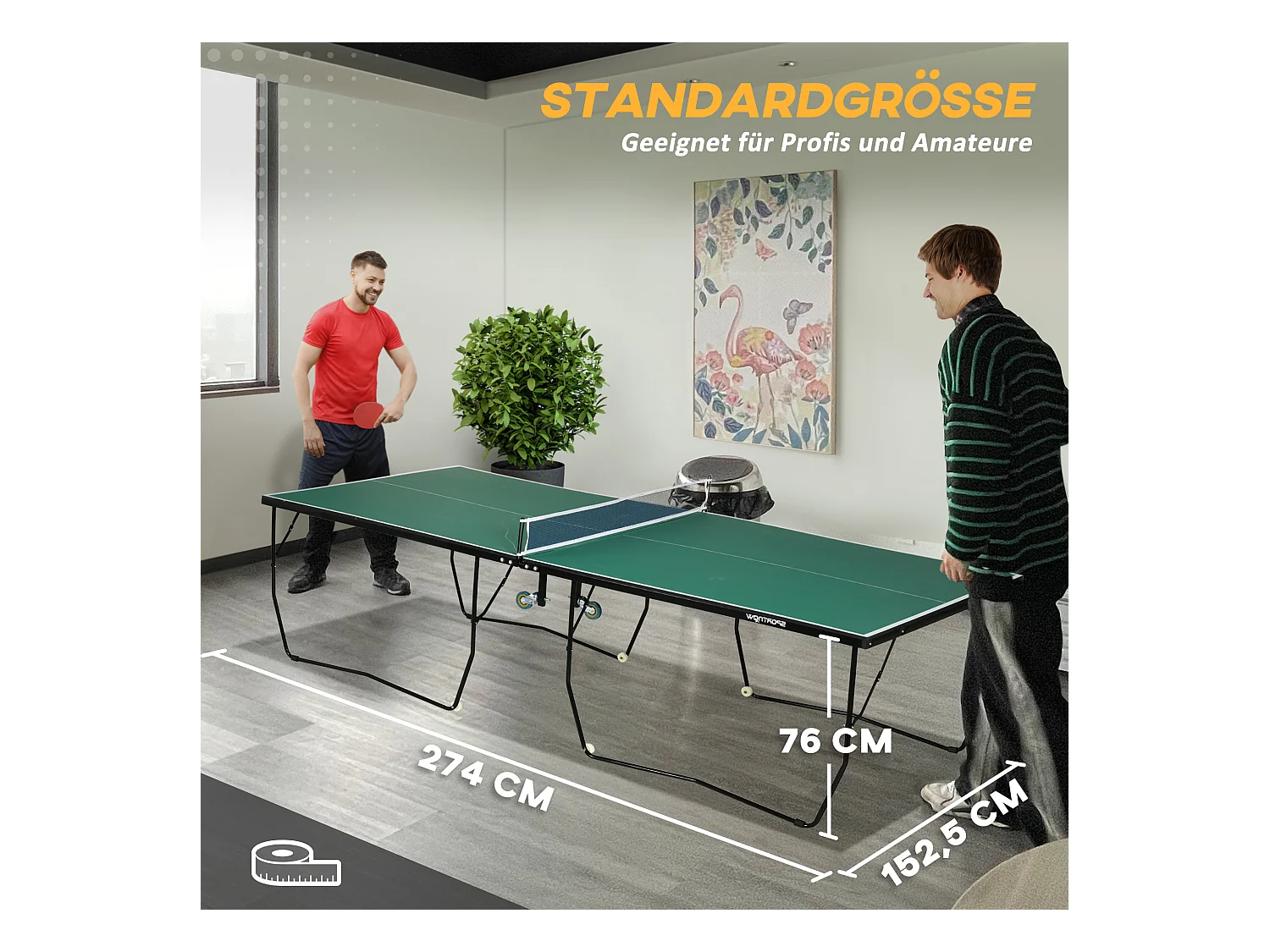 Table de ping-pong pliable intérieur/extérieur, MDF, vert, avec roulettes et accessoires (274x152.5x76 cm)