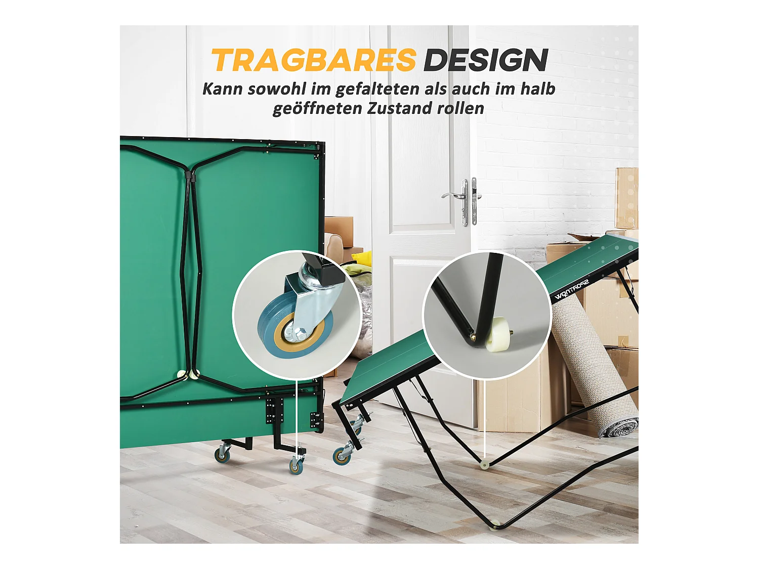 Table de ping-pong pliable intérieur/extérieur, MDF, vert, avec roulettes et accessoires (274x152.5x76 cm)