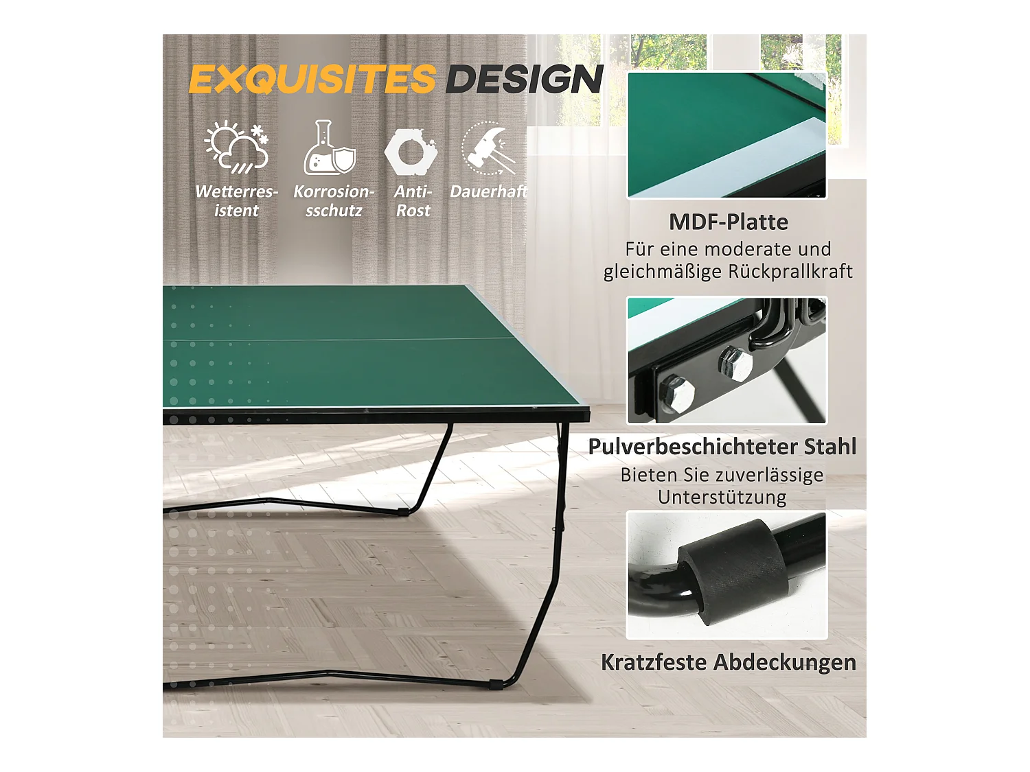 Table de ping-pong pliable intérieur/extérieur, MDF, vert, avec roulettes et accessoires (274x152.5x76 cm)