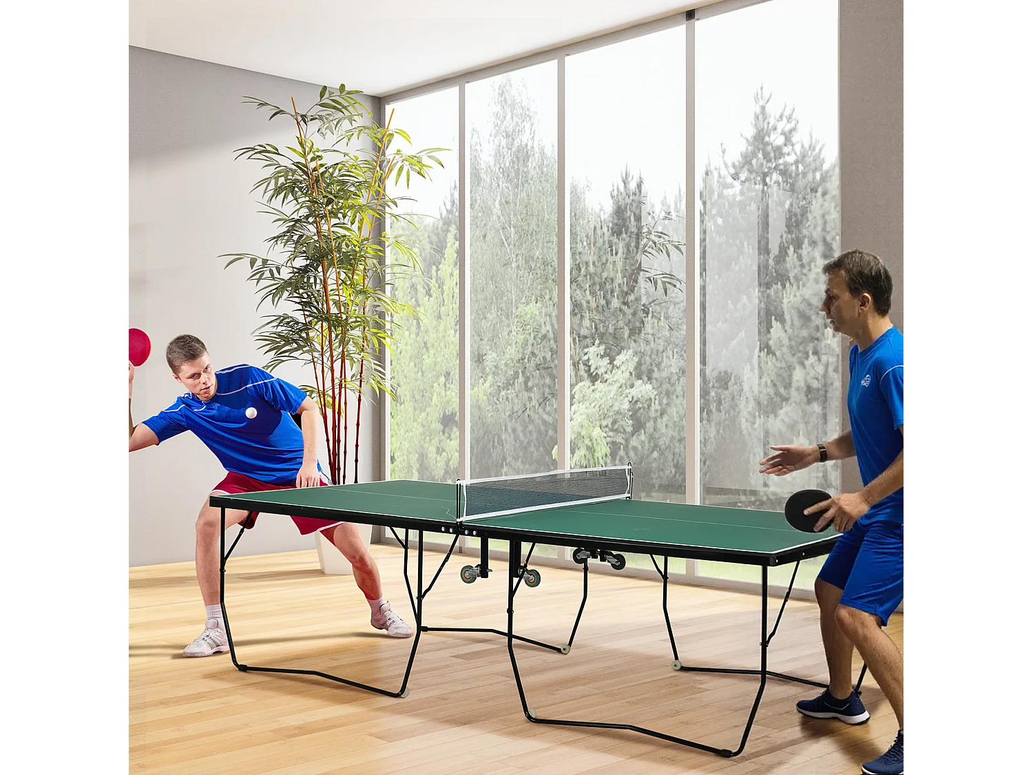 Table de ping-pong pliable intérieur/extérieur, MDF, vert, avec roulettes et accessoires (274x152.5x76 cm)