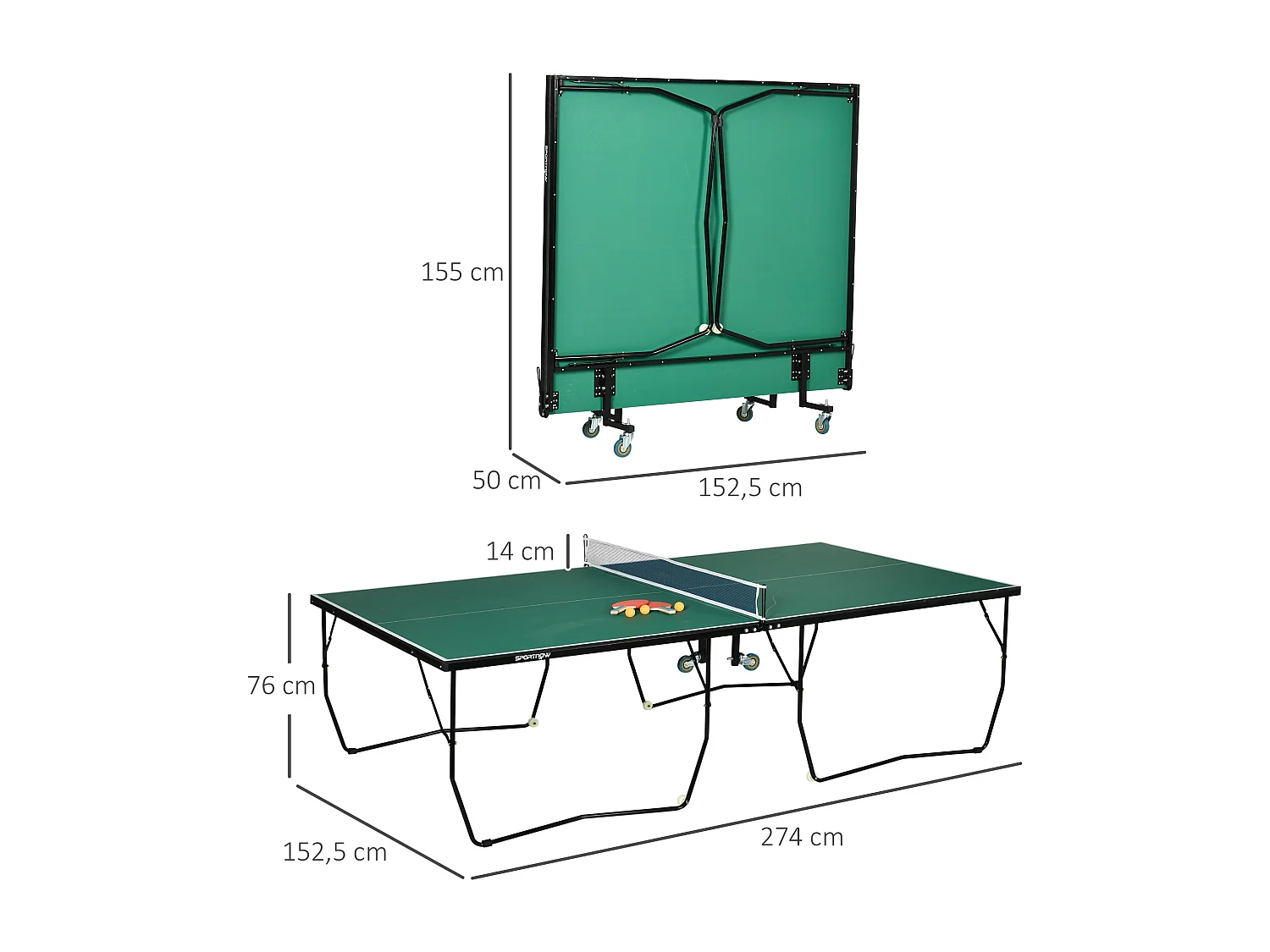 Table de ping-pong pliable intérieur/extérieur, MDF, vert, avec roulettes et accessoires (274x152.5x76 cm)