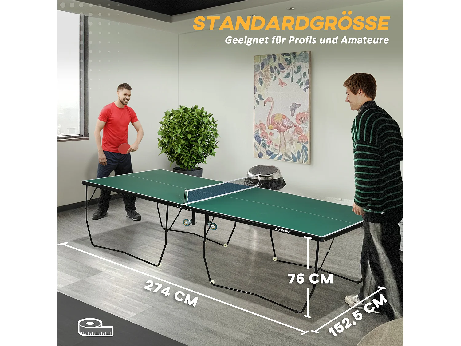Table de ping-pong pliable intérieur/extérieur, MDF, vert, avec roulettes et accessoires (274x152.5x76 cm)