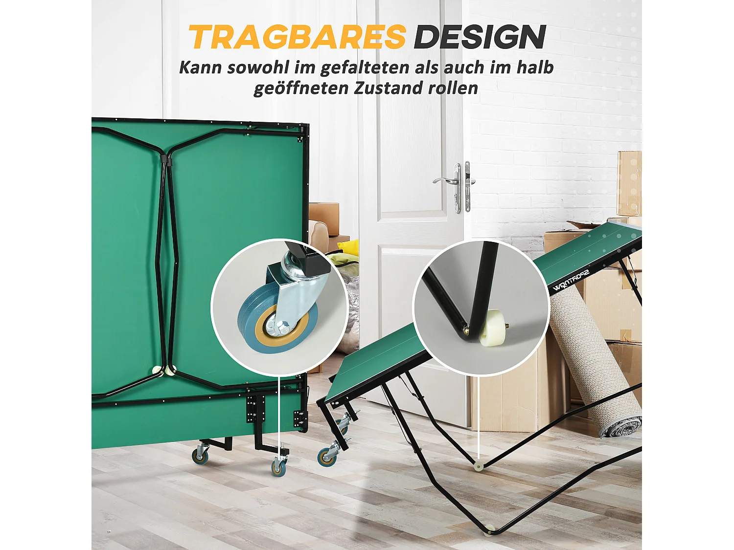 Table de ping-pong pliable intérieur/extérieur, MDF, vert, avec roulettes et accessoires (274x152.5x76 cm)