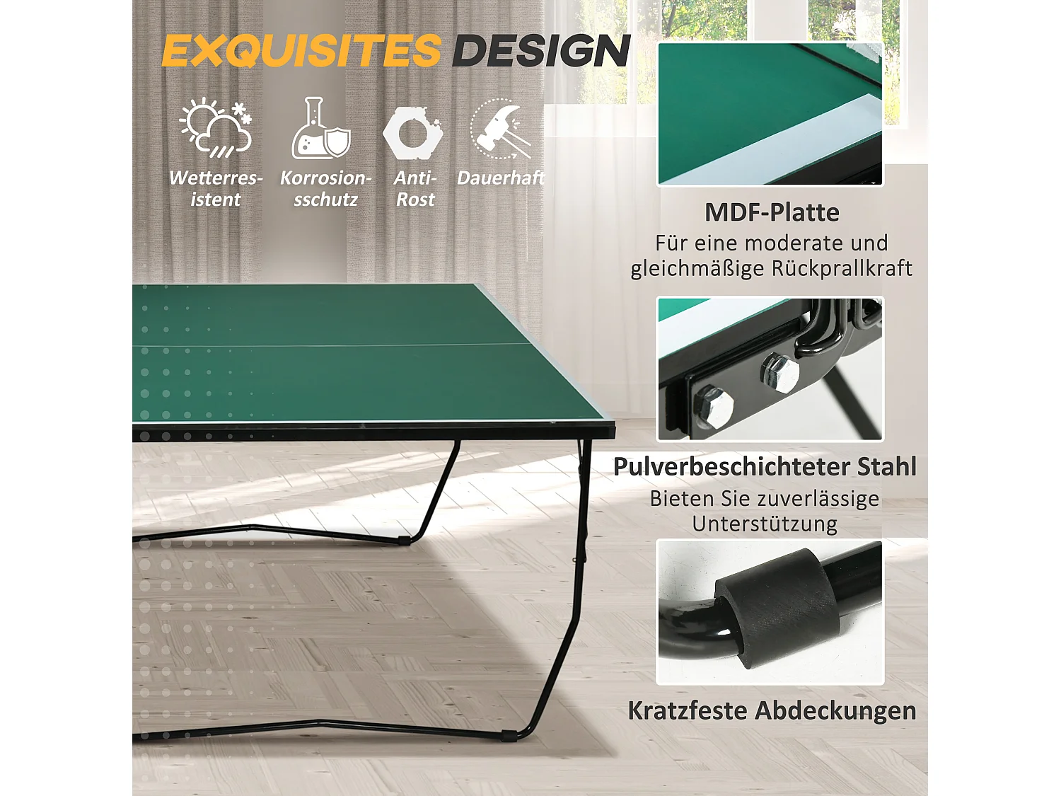 Table de ping-pong pliable intérieur/extérieur, MDF, vert, avec roulettes et accessoires (274x152.5x76 cm)