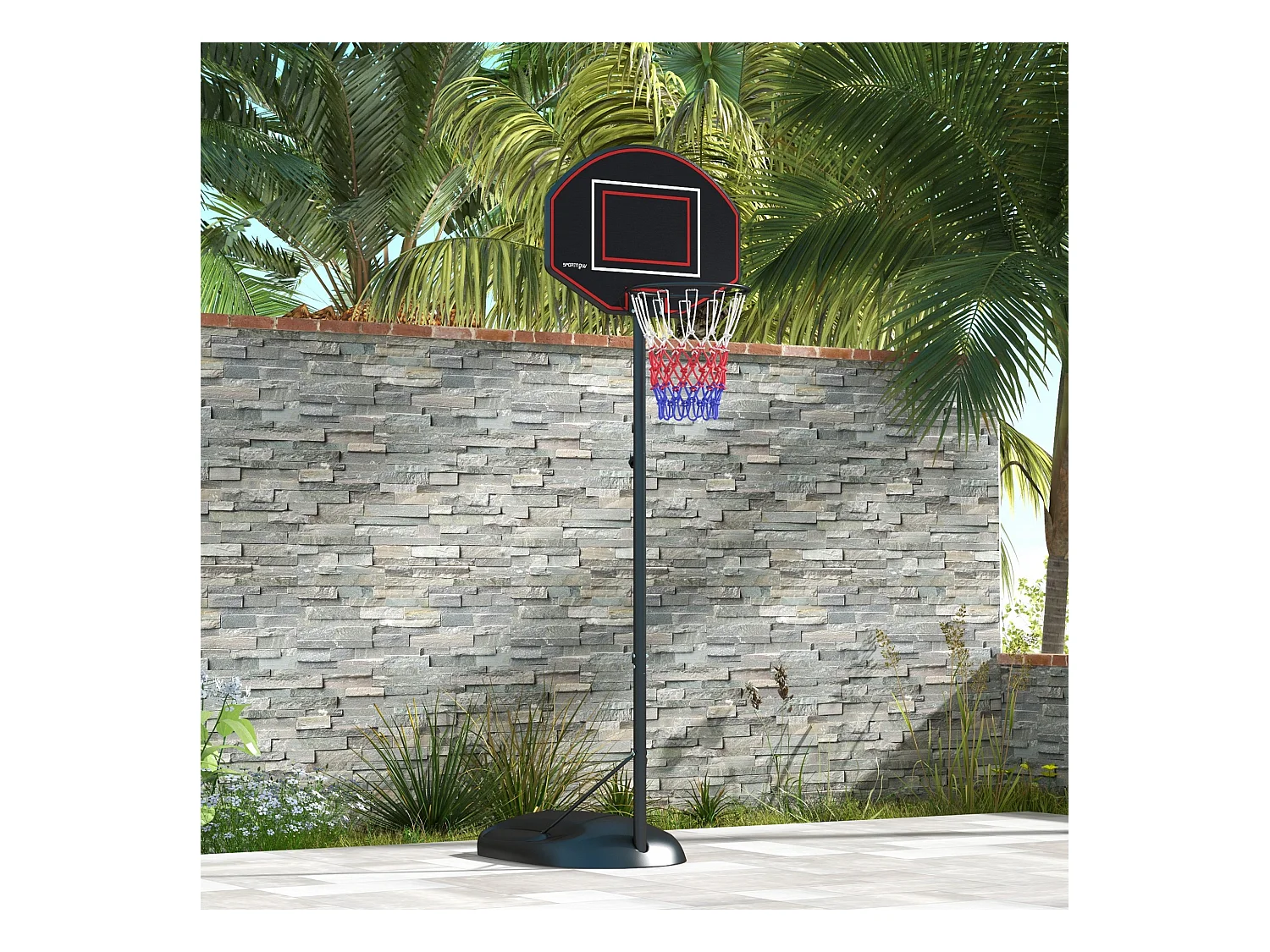 Panier de basket réglable en hauteur 221-282 cm, plaque arrière incassable avec roulettes, structure en acier stable, noir (84x60x282 cm)