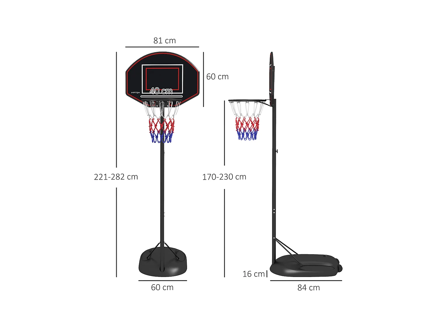 Panier de basket réglable en hauteur 221-282 cm, plaque arrière incassable avec roulettes, structure en acier stable, noir (84x60x282 cm)