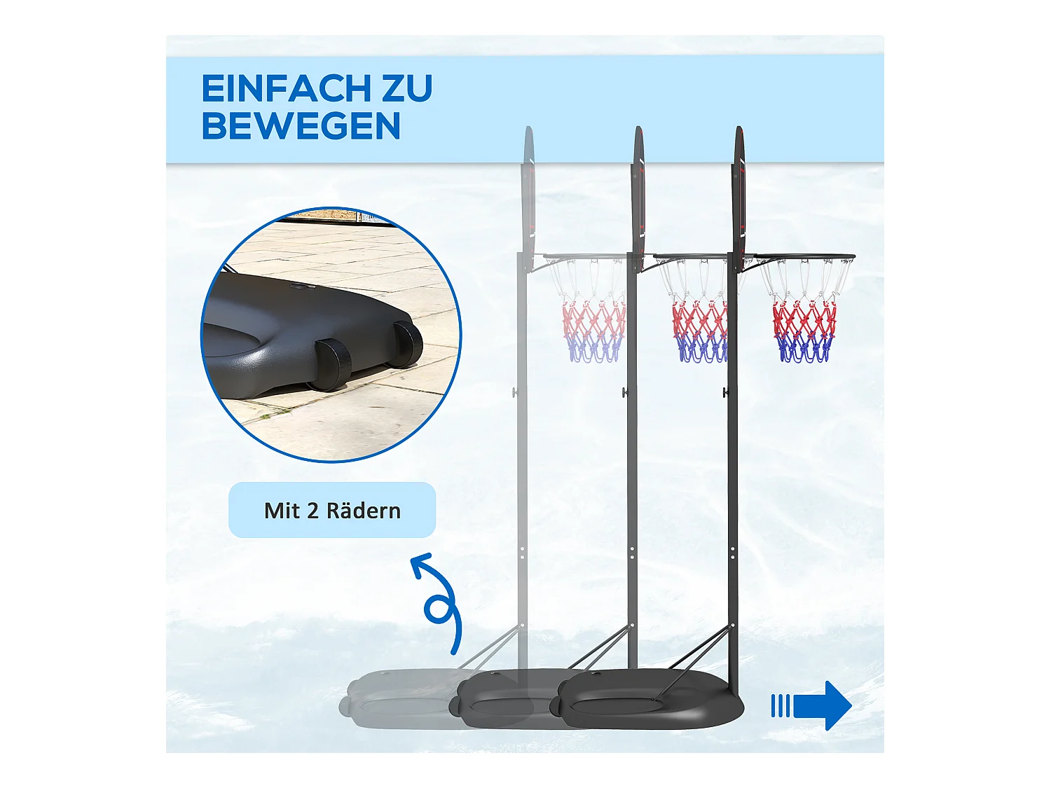 Panier de basket réglable en hauteur 221-282 cm, plaque arrière incassable avec roulettes, structure en acier stable, noir (84x60x282 cm)