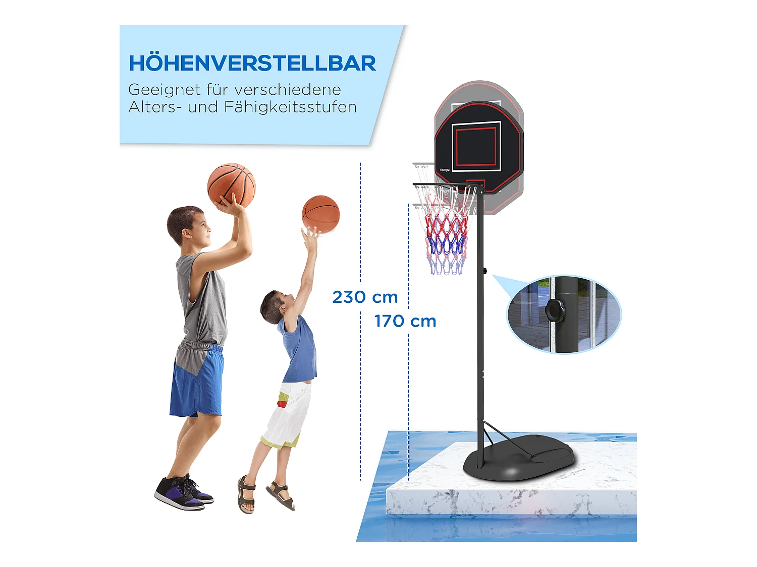 Panier de basket réglable en hauteur 221-282 cm, plaque arrière incassable avec roulettes, structure en acier stable, noir (84x60x282 cm)