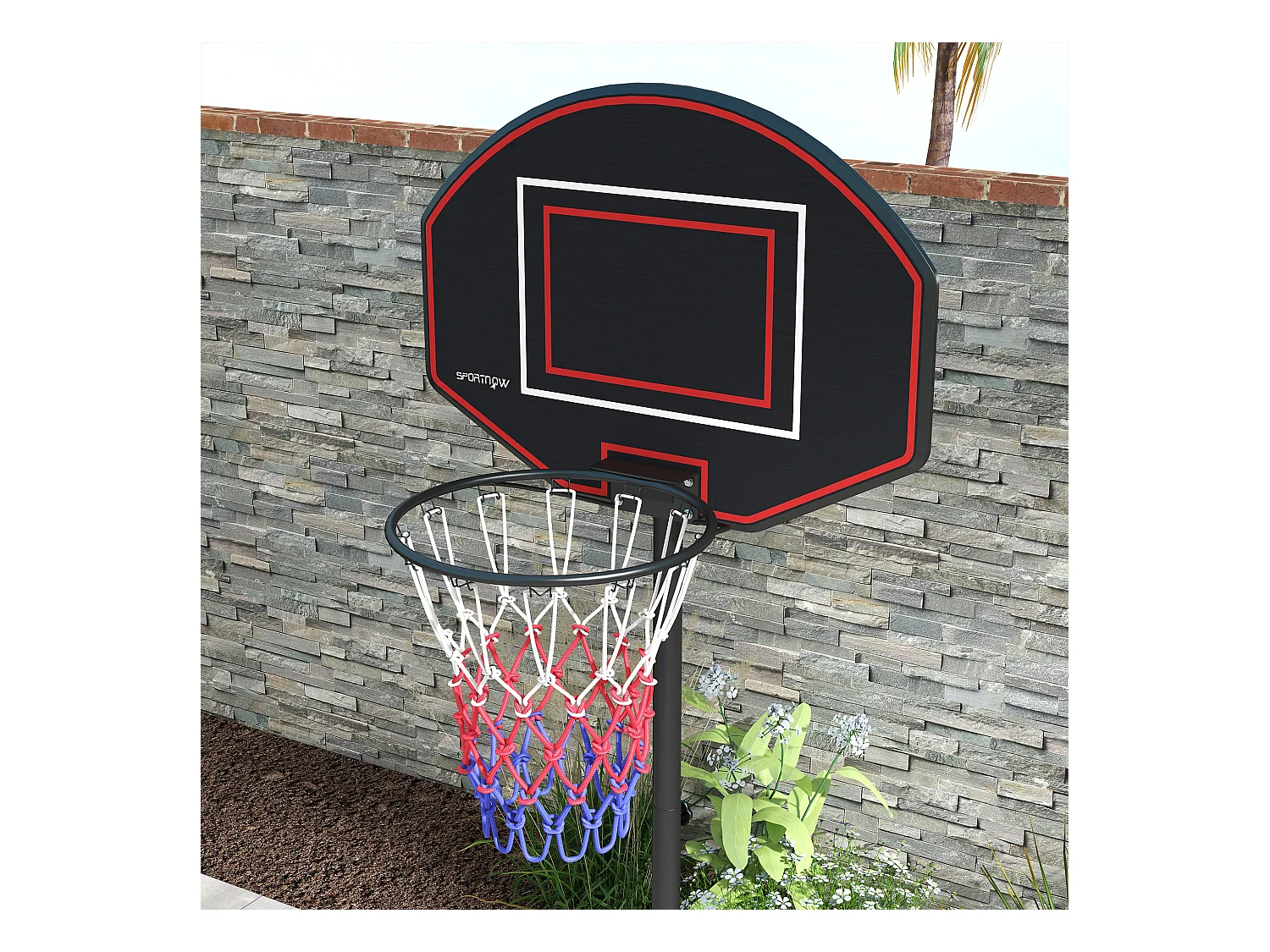 Panier de basket réglable en hauteur 221-282 cm, plaque arrière incassable avec roulettes, structure en acier stable, noir (84x60x282 cm)