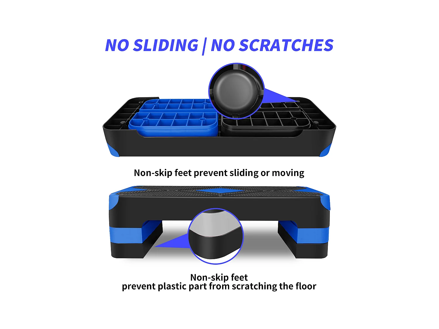 Step platforme d'exercice aérobique réglable, matériau polyéthylène antidérapant, bleu, avec repose-pieds (68.5x28x10 cm)