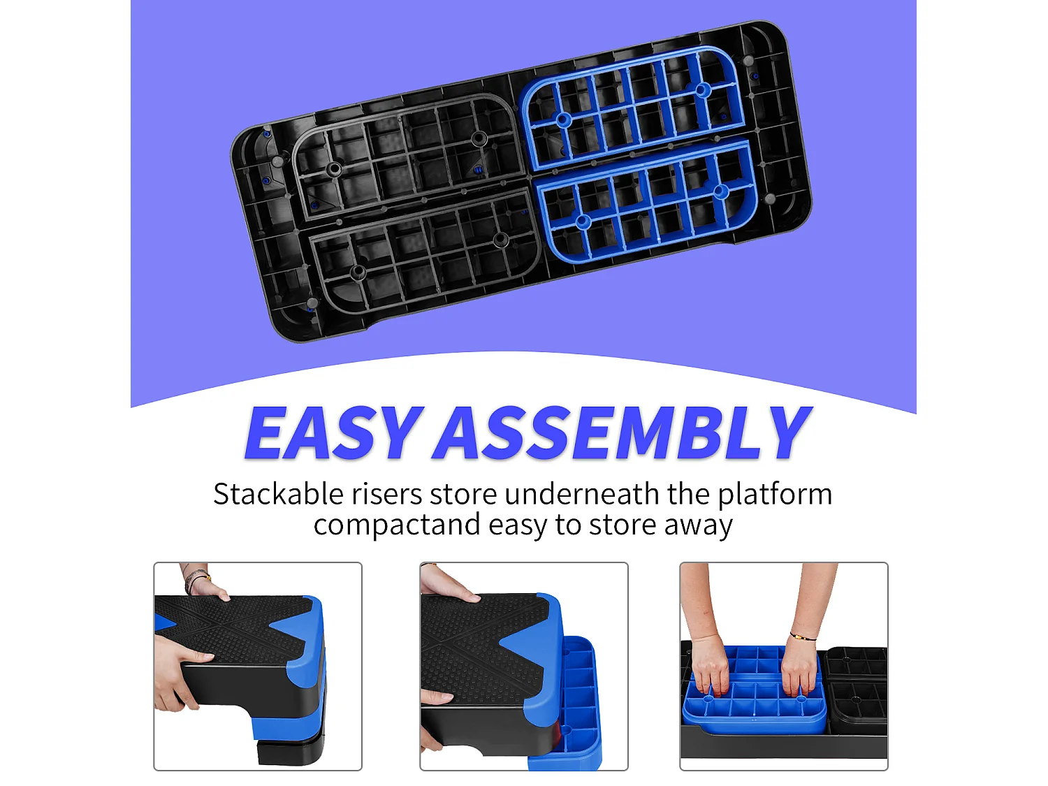 Step platforme d'exercice aérobique réglable, matériau polyéthylène antidérapant, bleu, avec repose-pieds (68.5x28x10 cm)