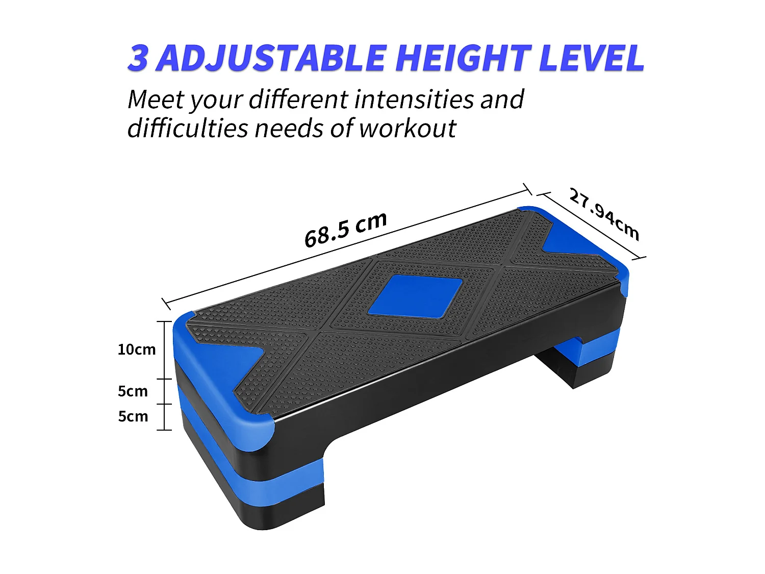 Step platforme d'exercice aérobique réglable, matériau polyéthylène antidérapant, bleu, avec repose-pieds (68.5x28x10 cm)