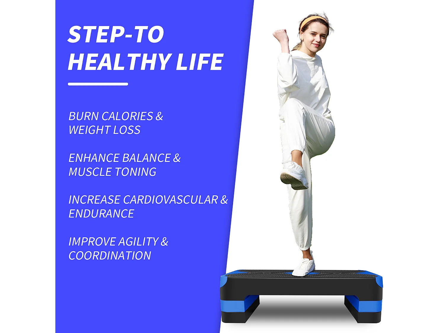 Step platforme d'exercice aérobique réglable, matériau polyéthylène antidérapant, bleu, avec repose-pieds (68.5x28x10 cm)