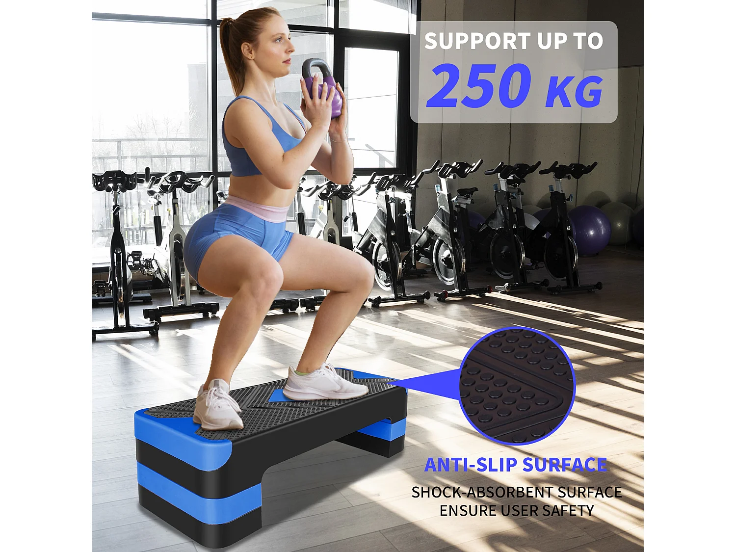 Step platforme d'exercice aérobique réglable, matériau polyéthylène antidérapant, bleu, avec repose-pieds (68.5x28x10 cm)