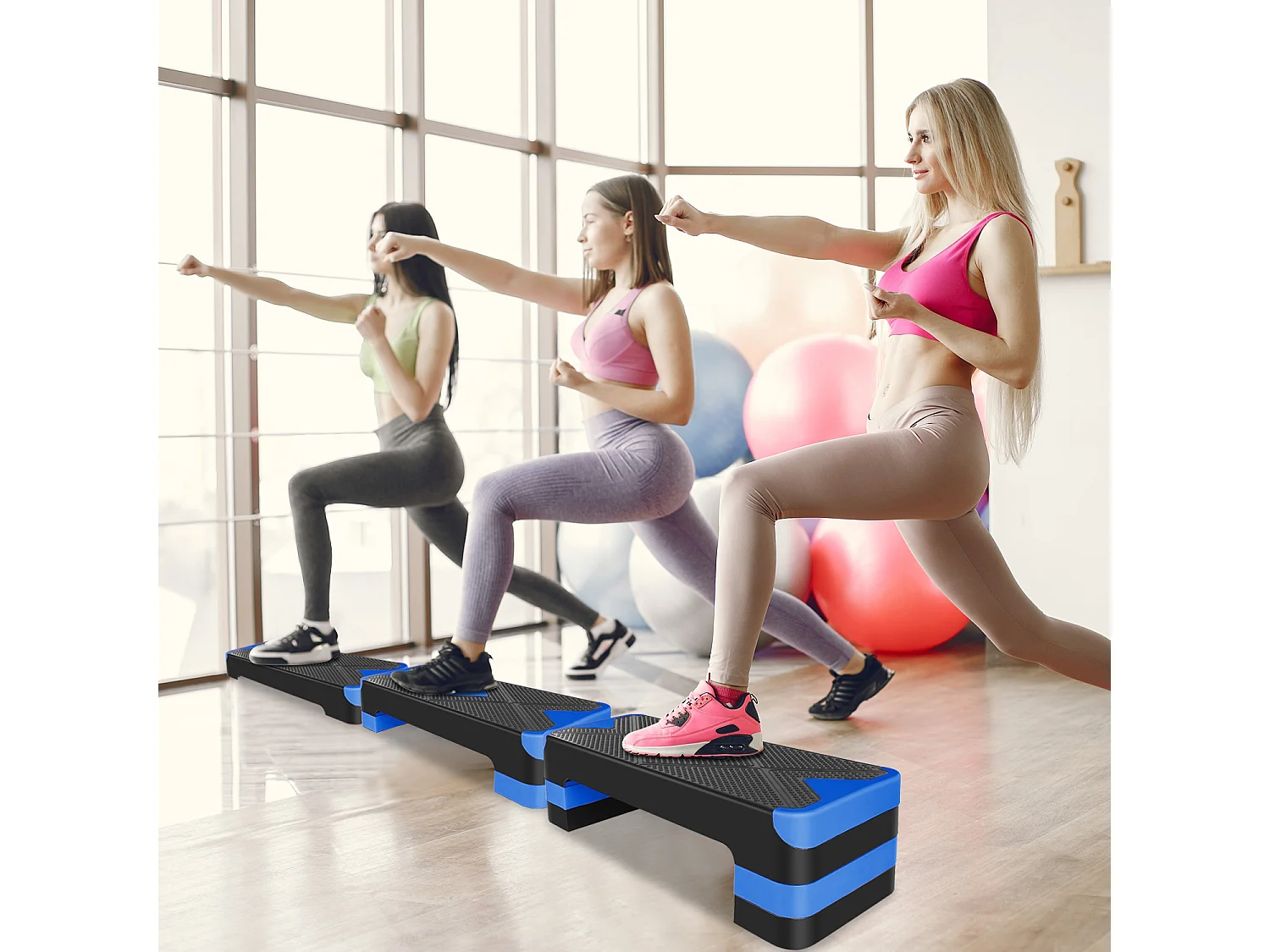Step platforme d'exercice aérobique réglable, matériau polyéthylène antidérapant, bleu, avec repose-pieds (68.5x28x10 cm)